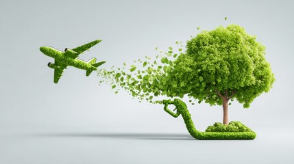 Green airplane flying from tree with leaves