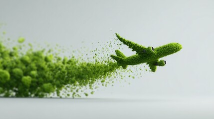Green airplane flying through nature