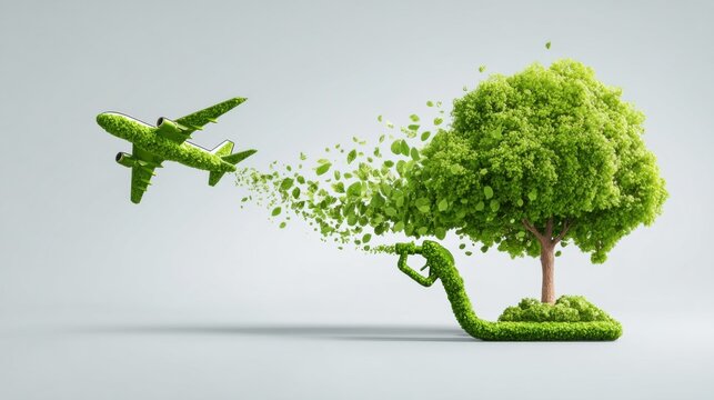 Green airplane flying from tree with leaves