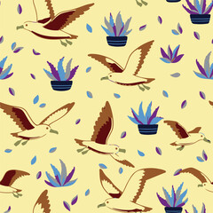 Vector illustration of seamless pattern with flying albatrosses. Perfect for wrapping paper, textile etc. Themes of summer. Vector illustration