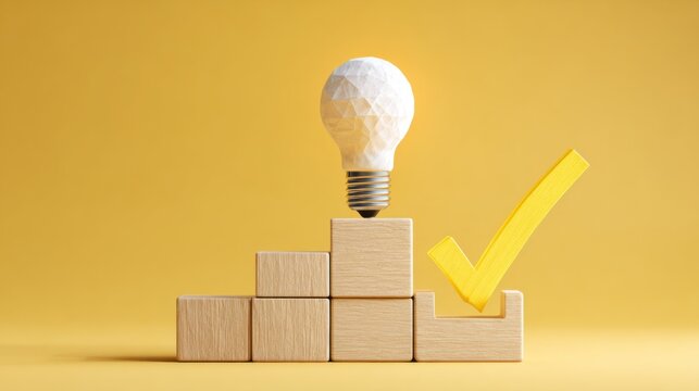 Light bulb on stair blocks with check mark