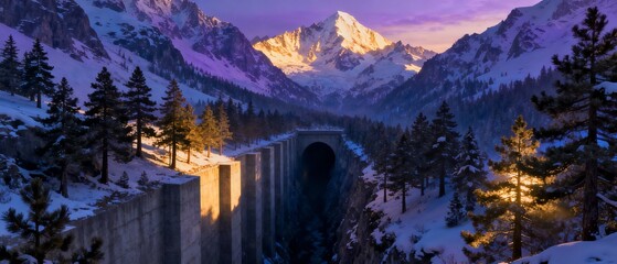 Snowy mountain landscape with tunnel and pine trees at dusk  