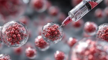 Medical syringe injecting liquid into spherical cells