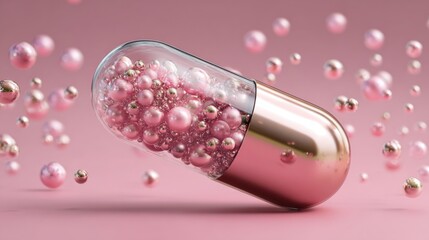 Medicine capsule filled with pink and gold pearls