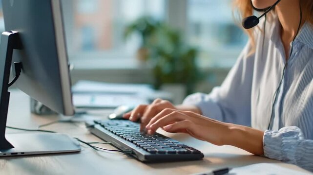 Woman telemarketer typing on computer keyboard with headset. Customer support service agent working remotely for online assistance concept.