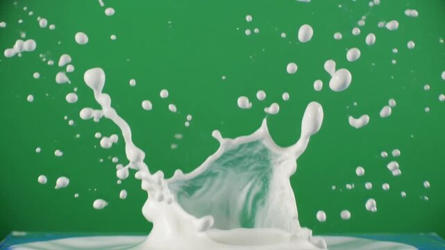 Milk Splash Crown Formation Slow Motion Green Screen Background.