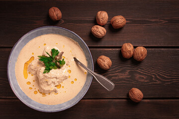 Satsivi, Georgian dish, chicken in nut sauce, cold appetizer,rustic, no people, homemade,