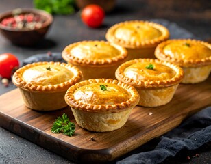 Mini savory pies on wooden board.