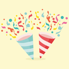 Obraz premium Party poppers exploding with vibrant confetti and streamers on a light background, symbolizing celebration and joy.