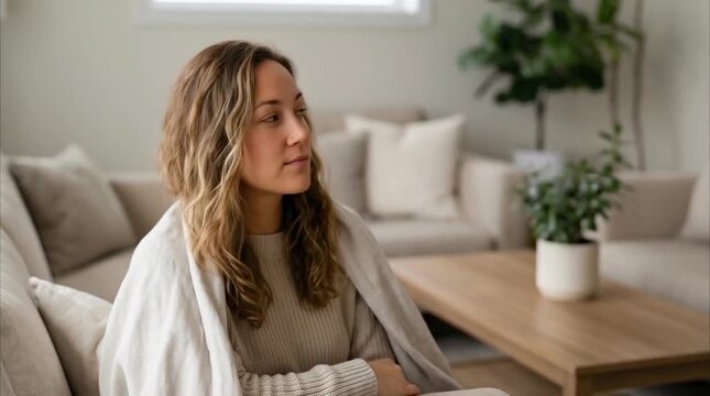 Pensive woman resting at home on sofa showing mental health awareness emotional wellbeing stress recovery and calm lifestyle concept for healthcare communication - Powered by Adobe