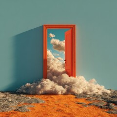 Open door revealing sky and clouds above rough ground