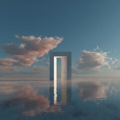 Open door to light on reflective water and sky