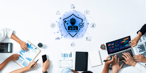 Concept of occupational health and safety. A 'Safety First' policy ensures worker protection through training, risk prevention, and adherence to workplace safety standards. Fermion