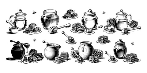 Collection of hand-drawn honey jars, dippers, and honeycombs with bees in vintage engraving style on a white background, concept of organic food