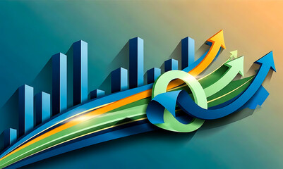 Abstract blue bar graph with rising colorful arrows and circular graphic background