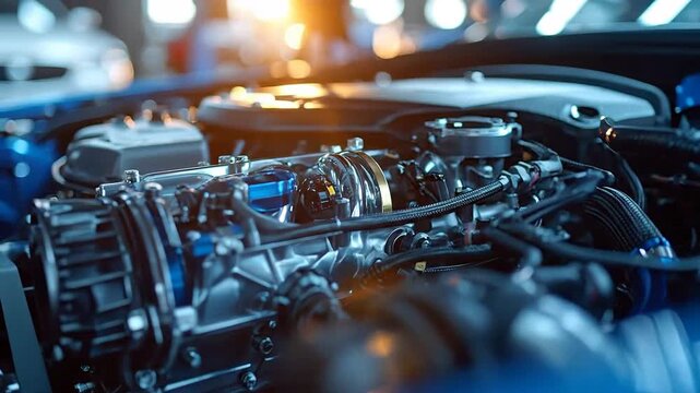 Close-up of a powerful car engine with intricate parts and shining metal components.