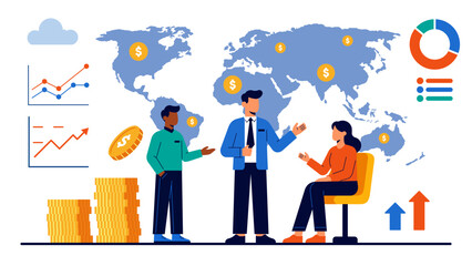 Global Investment Financing Concept with Business Team Data Analysis Flat Design Illustration