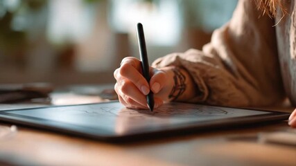 Woman drawing on digital tablet with stylus pen. Artist creating graphic design. Digital pad art, designer work, and modern creative profession concept. - Powered by Adobe