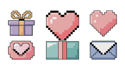 Pixelated Love and Gifts: A charming arrangement of pixelated hearts, gift boxes, and an envelope, exuding warmth and affection in a unique, digital style. 