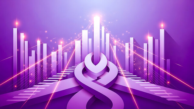 Abstract purple geometric shapes and bar graph with glowing light streaks image - Powered by Adobe