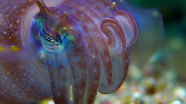 Macro shot of colorful cuttlefish, revealing details of eye, skin, and tentacles underwater; for biology and art