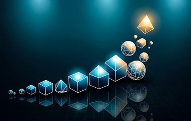 Growing geometric shapes in a line with reflections on a dark blue background cubes pyramids