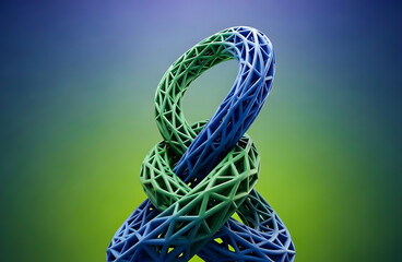 Intertwined blue and green geometric torus knot abstract 3 D render image