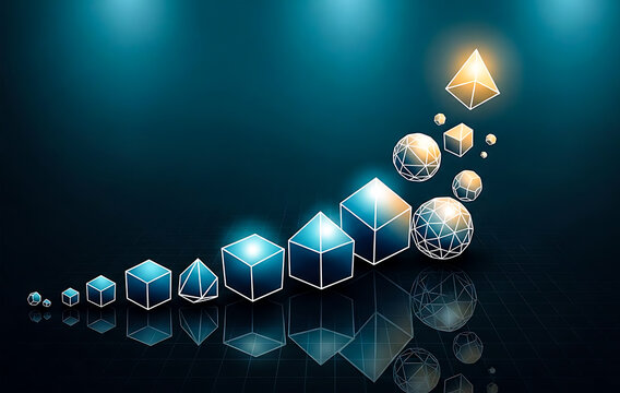 Growing geometric shapes in a line with reflections on a dark blue background cubes pyramids - Powered by Adobe