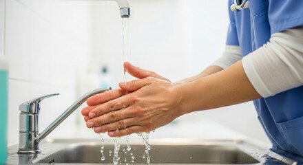 Essential medical professional thoroughly washing hands under running water at a sterile sink demonstrates crucial hygiene protocol adherence necessary for patient safety within a clinical environment