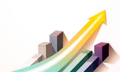 Yellow arrow pointing upwards over colorful bar graph bars on white background chart rising