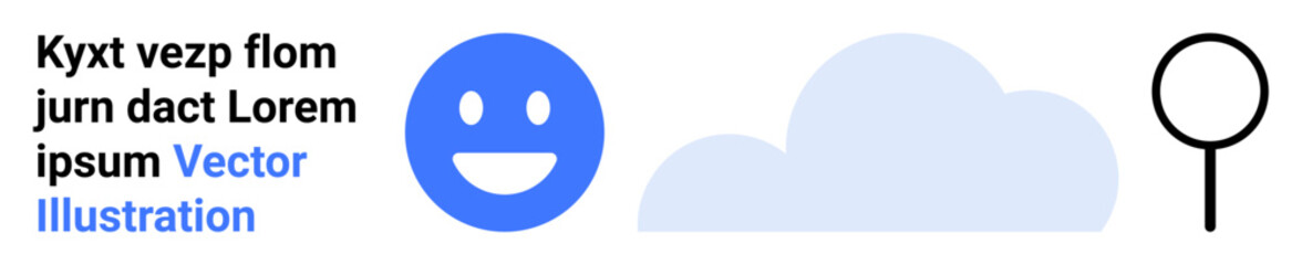 Fototapeta premium Emotion, weather, search, online content, conceptual design, minimalism. A blue happy face, cloud and magnifying glass near placeholder text. Emotion and search concepts for web design and content