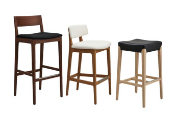 Fototapeta premium three premium bar stools (mahogany, teak, ash) with varied upholstery (linen, canvas, leather) displayed in high-key commercial studio product photography, concept of furniture material comparison