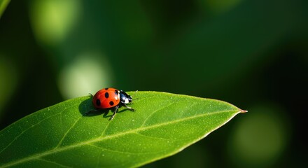 Fototapeta premium A tiny red lady beetle with black spots crawls slowly across a vibrant green leaf surface in a sunny summer garden ,arthropod ,wildlife ,beauty