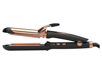 Fototapeta premium professional matte black hair curler with polished rose gold barrel and open clip, macro side profile view on pure white, high-key studio shot, professional beauty concept