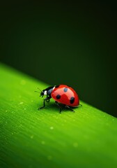 Fototapeta premium A vibrant red and black spotted ladybird insect resting peacefully upon a textured, bright green surface in a natural outdoor environment ,wildlife ,vibrant ,spot