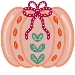 Cute decorated pumpkin with bow leaves and heart patterns in pastel tones creating cozy autumn halloween mood.