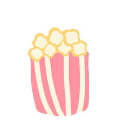 Cute pink popcorn box illustration with fluffy popcorn kernels in striped container creating fun snack mood.
