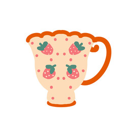 Cute strawberry teacup illustration with creamy drink scalloped rim and pastel details creating cozy dessert beverage mood.