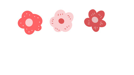 Three cute flower illustrations in pastel pink and red tones with simple playful floral decoration style.