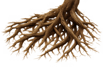 Tree roots forming a complex network, representing growth, stability, and a strong natural foundation on a transparent background