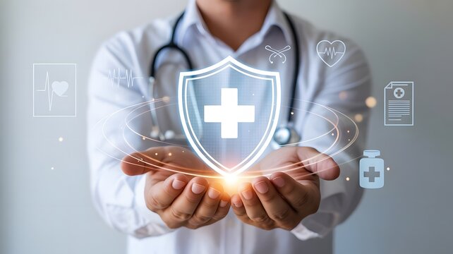 Health insurance concept. Medical welfare, health and access to healthcare. Person holding healthcare medicine protected guard shield on virtual screen.
