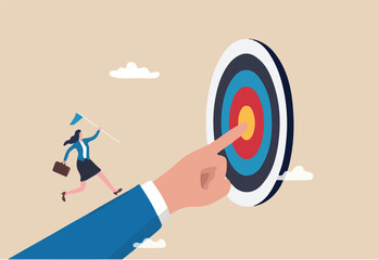 Goal oriented, setting goal and focus on target and aim to achieve success, work toward mission target, motivation and anticipation to win concept, businesswoman run on hand pointing toward target.