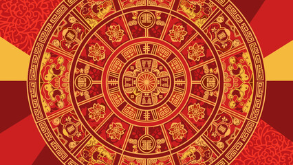 Fototapeta premium Majestic red and gold intricate round mandala pattern featuring traditional Chinese symbols, auspicious design for Lunar New Year celebration.