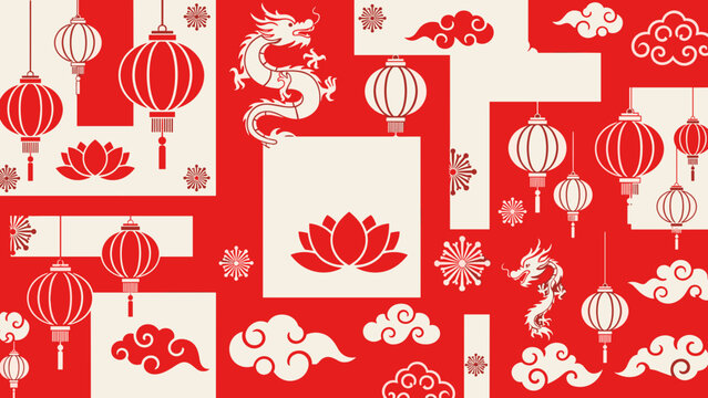 Festive red and beige pattern with Chinese New Year elements: lanterns, dragons, clouds, and lotus flowers, ideal for celebration designs, seamless.