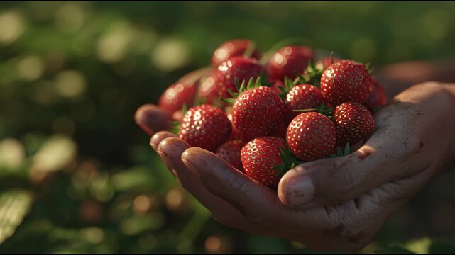 Harvesting Fresh Ripened Strawberries Handpicked from the Garden in Natural Sunlight