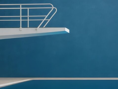 A minimalist diving board overlooks a tranquil blue swimming pool. The clean lines and vibrant colors create a serene aquatic scene.