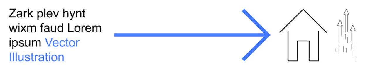 Real estate, navigation, growth, direction, progress, planning. A blue arrow pointing towards a house outline with upward lines. Real estate and navigation concept