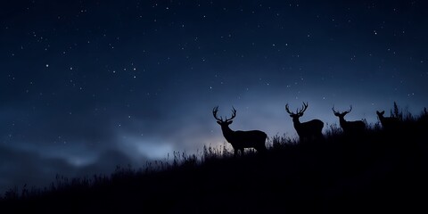 Majestic deer stand on hill under starry night sky with foggy background