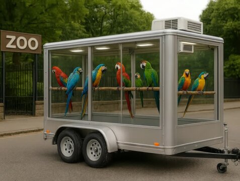 Colorful macaws are displayed inside a modern glass trailer. This unique mobile exhibit is parked near a zoo entrance.