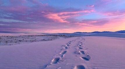 Serene winter landscape with animal tracks in snow at sunset